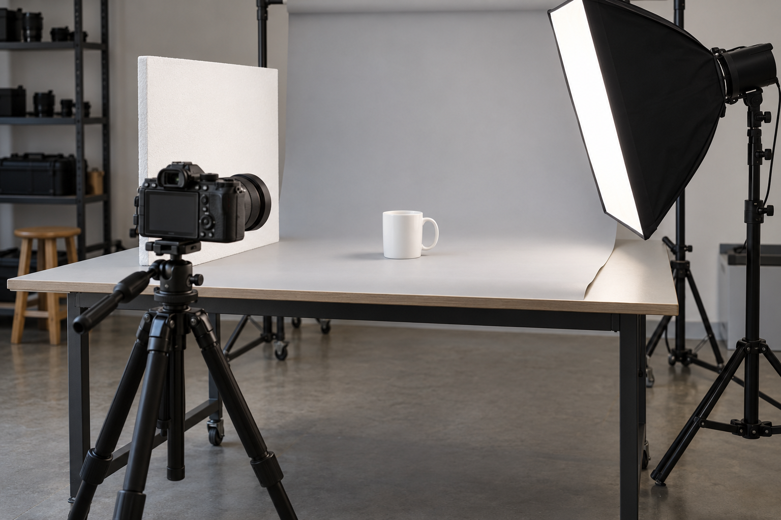 Fotografické pracovisko s fotoaparátom na statíve, softboxom, odrazovou doskou a predmetom na pozadí